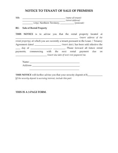 Picture of Northern Territory Notice to Tenant of Sale of Rental Premises