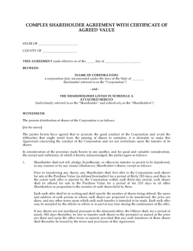 Picture of Shareholder Agreement with Certificate of Agreed Value | USA