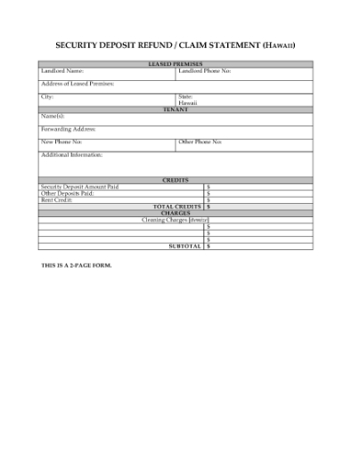 Picture of Hawaii Security Deposit Statement