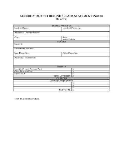 Picture of North Dakota Security Deposit Statement