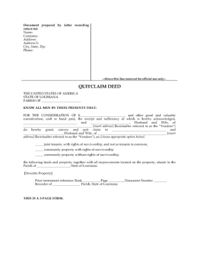 Picture of Louisiana Quitclaim Deed for Joint Ownership