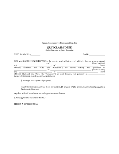 Picture of Minnesota Quitclaim Deed for Joint Ownership