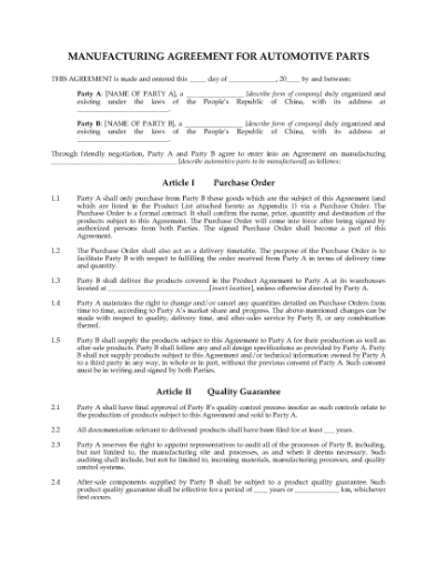 Picture of China Manufacturing Agreement for Auto Parts