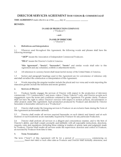 Picture of Director Agreement for Video or Commercial | USA