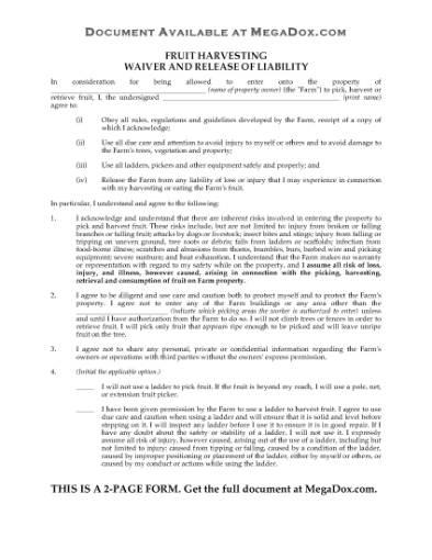 Picture of Fruit Picker Waiver and Release Form