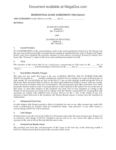 Picture of New Jersey Fixed Term Residential Lease Agreement