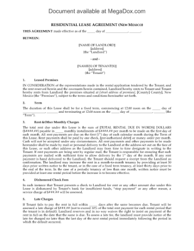 Picture of New Mexico Fixed Term Residential Lease Agreement