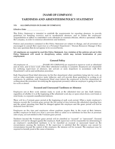 Picture of Employee Tardiness and Absenteeism Policy Statement