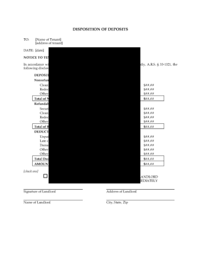 Picture of Arizona Disposition of Deposits Statement