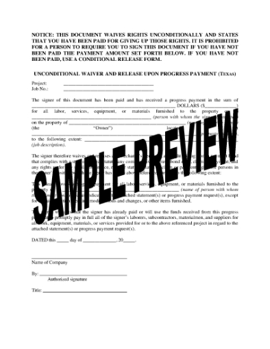 Picture of Texas Unconditional Waiver and Release of Lien Upon Progress Payment