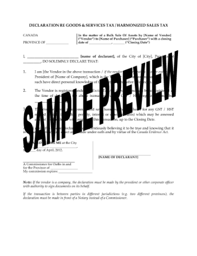 Picture of Vendor's GST / HST Warranty and Indemnity | Canada