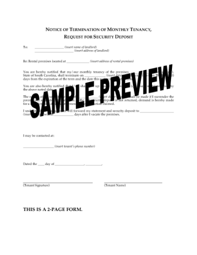 Picture of South Carolina Notice of Termination and Request for Security Deposit