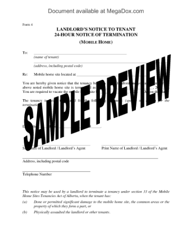 Picture of Alberta 24 Hour Notice of Termination for Mobile Home Tenancy