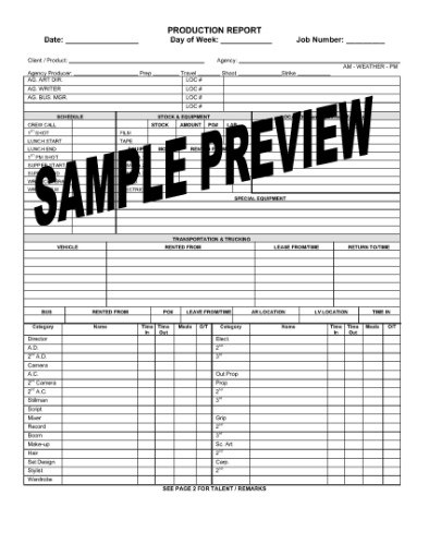 Picture of Production Report for TV Commercial Shoot