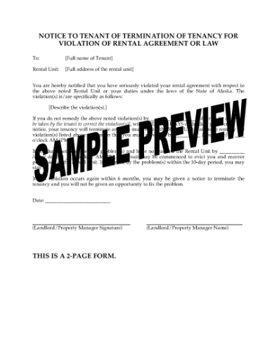 Picture of Alaska Notice of Termination of Tenancy for Violation