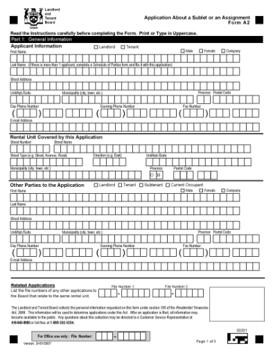 Picture of Ontario Application About a Sublet or an Assignment