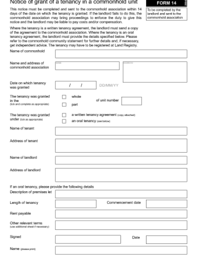 Picture of Notice of Grant of Commonhold Tenancy | UK