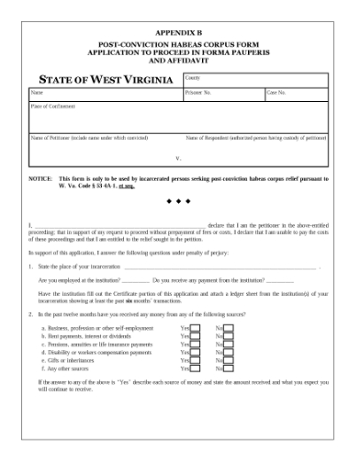 Picture of West Virginia Post Conviction Habeus Corpus Application Forms