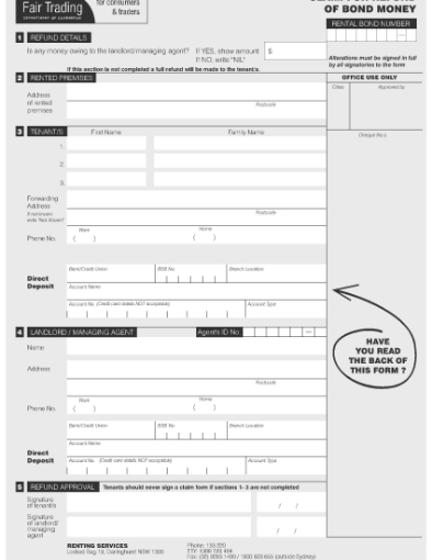 Picture of NSW Claim for Refund of Bond Money