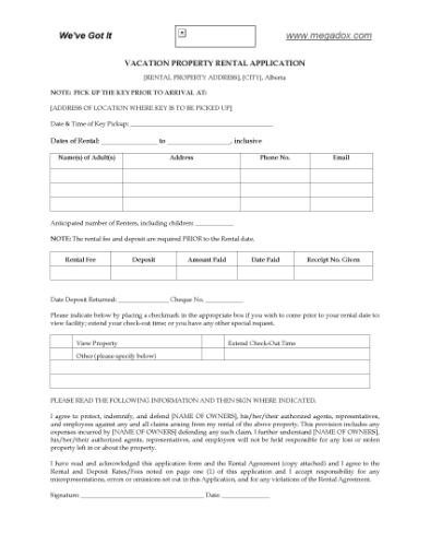 Picture of Alberta Vacation Property Rental Application