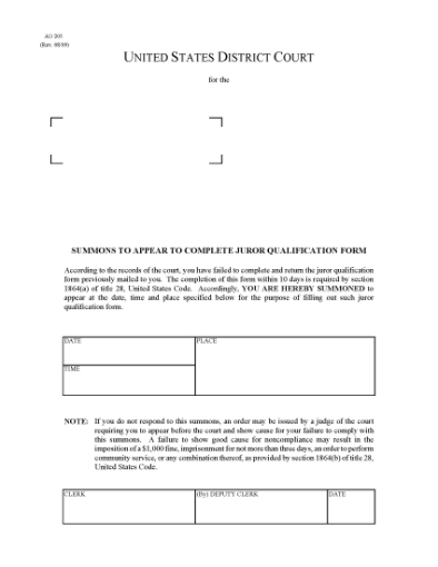 Picture of Summons to Appear to Complete Juror Qualification Form (USA)