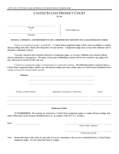 Picture of Notice, Consent and Reference of Dispositive Motion to Magistrate Judge (USA)