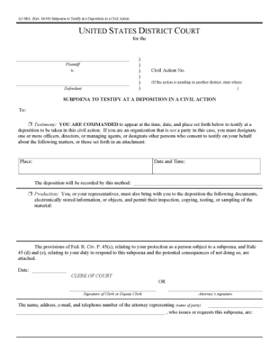 Picture of Subpoena to Testify at Deposition in Civil Action (USA)