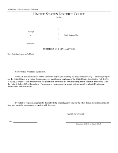 Picture of Summons in a Civil Action (USA)