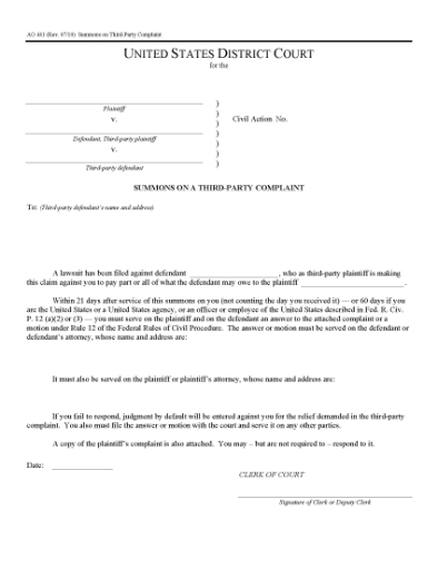 Picture of Summons on Third Party Complaint | USA