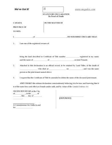 Picture of Alberta Statutory Declaration re Proof of Death