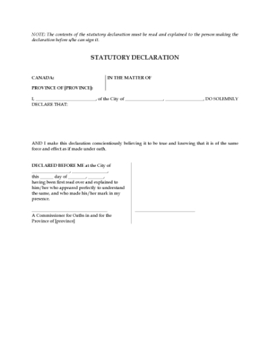 Picture of Statutory Declaration for Declarant Who Cannot Read | Canada