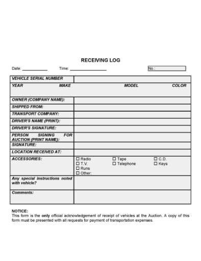 Picture of Vehicle Auction Receiving Log Receipt