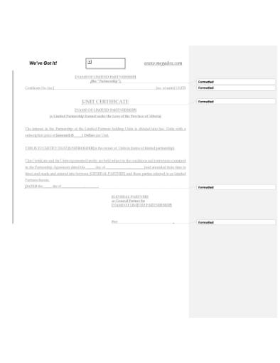 Picture of Alberta Certificate for Units in Limited Partnership