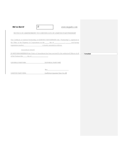 Picture of Alberta Notice of Amendment to Certificate of Limited Partnership