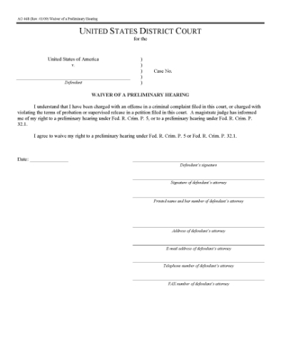 Picture of Waiver of Preliminary Hearing | USA