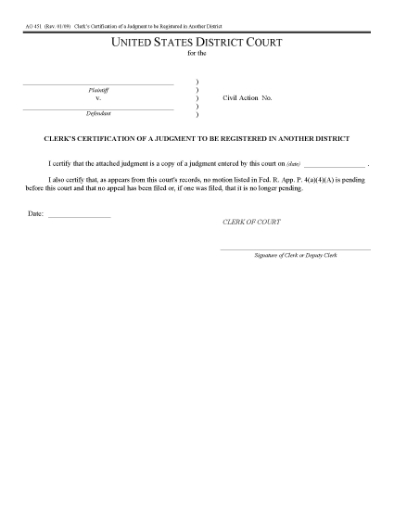 Picture of Clerk's Certification of Judgment to be Registered in Another District (USA)