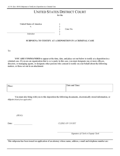 Picture of Subpoena to Testify at Deposition in Criminal Case (USA)