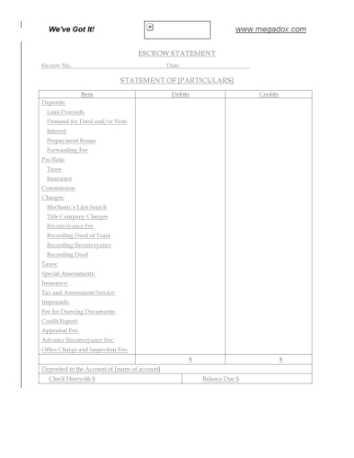 Picture of Escrow Statement of Particulars