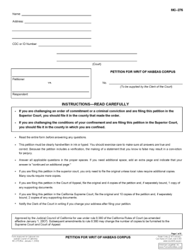 Picture of California Petition for Writ of Habeus Corpus