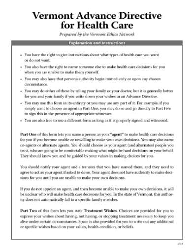 Picture of Vermont Advance Directive for Health Care (short form)