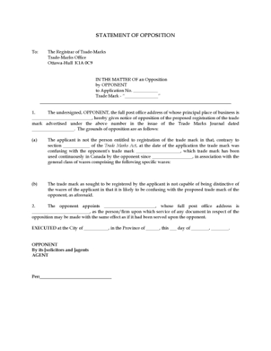 Picture of Statement of Opposition to Trademark Registration | Canada