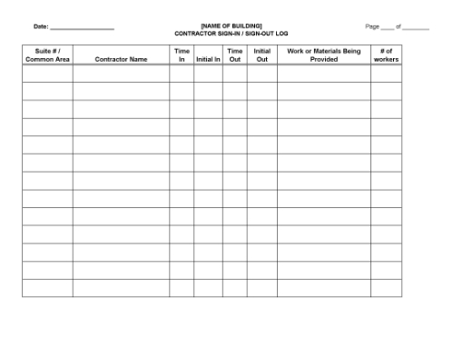 Picture of Contractor Sign-in Sign-out Log Sheet