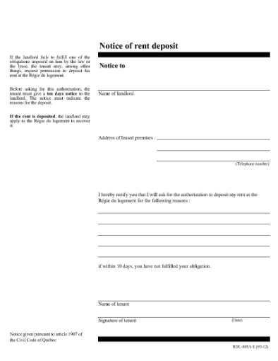 Picture of Quebec Notice of Rent Deposit