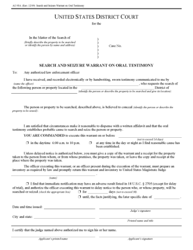 Picture of USA Search and Seizure Warrant on Oral Testimony