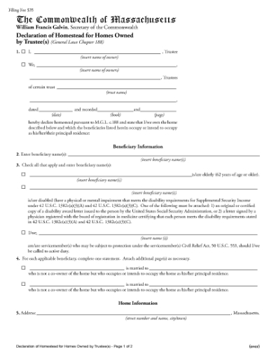 Picture of Massachusetts Homestead Declaration for Trustees