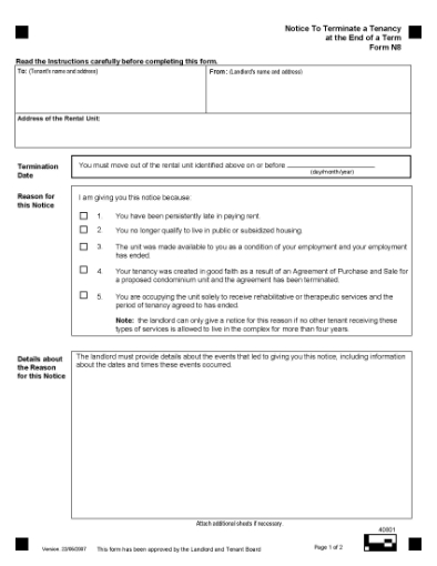 Picture of Ontario Notice to Terminate Tenancy at End of Term