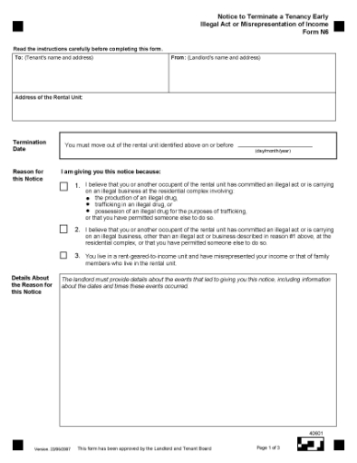 Picture of Ontario Notice to Terminate Tenancy Early - Illegal Act or Misrepresentation of Income