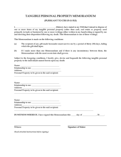 Picture of Colorado Tangible Personal Property Memorandum