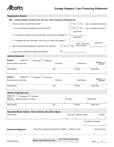 Picture of Alberta Garage Keeper's Lien Financing Statement