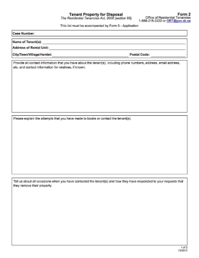 Picture of Saskatchewan Tenant Property for Disposal (Form 2)